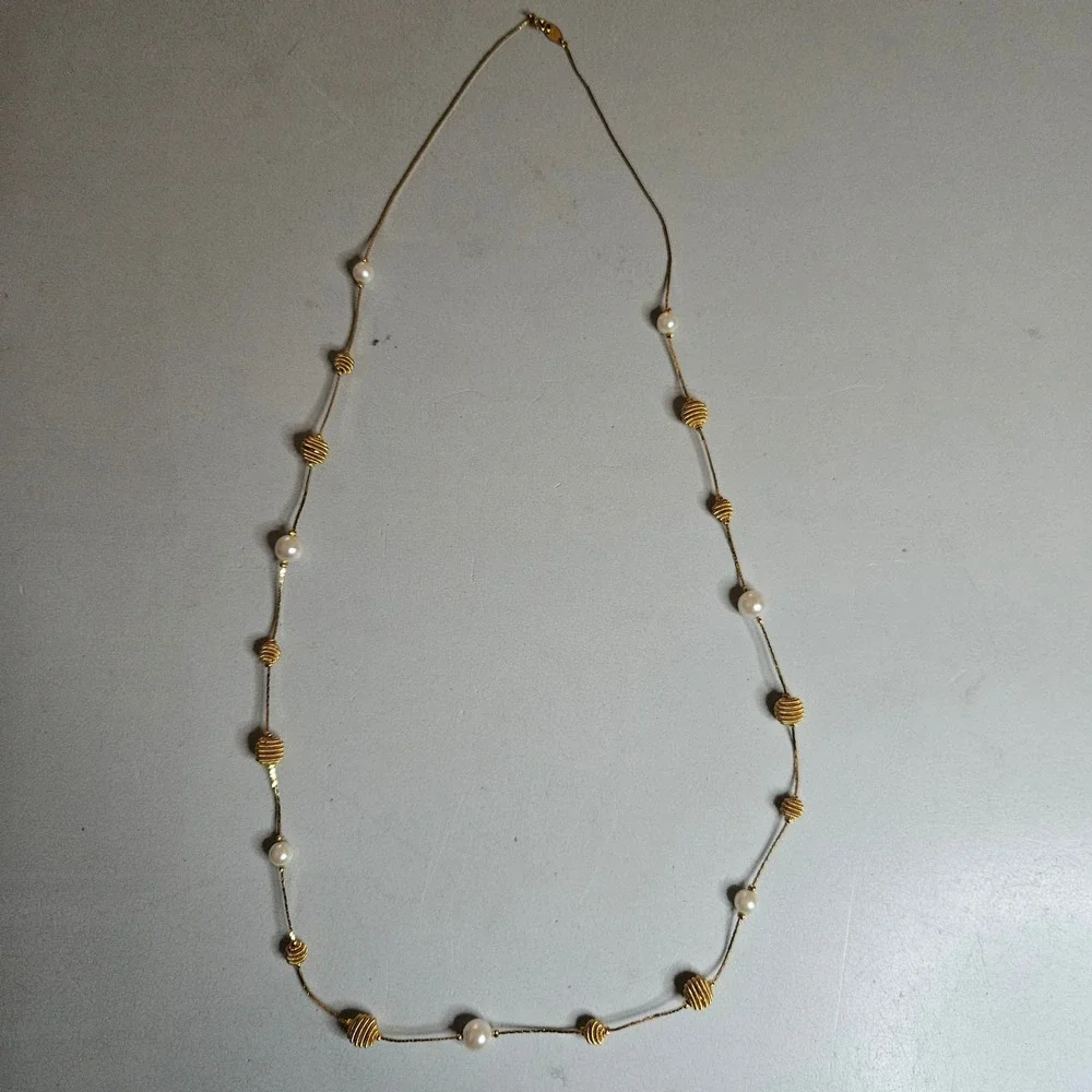 Vintage Trifari Gold‎ Tone Faux Pearl Ribbed Bead Station Necklace 34 Inch Long